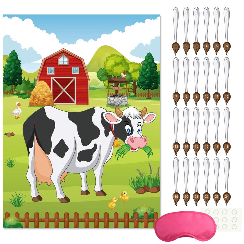 FEPITO Pin The Tail on The Cow Birthday Party Game with 24 Pcs Tails for Decorations, Kids Birthday Party Decorations - Image 1